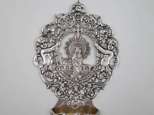 Our Lady of the Pillar holy water font. 925 sterling silver. Spain. 1980's