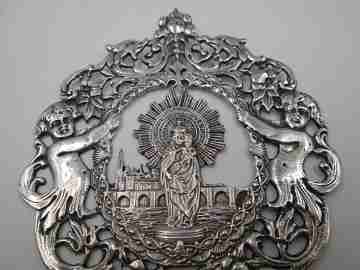 Our Lady of the Pillar holy water font. 925 sterling silver. Spain. 1980's
