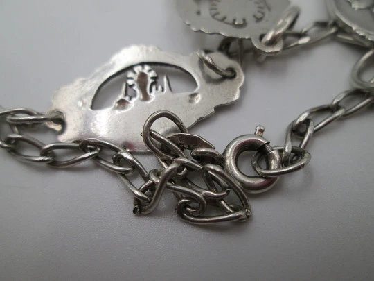 Our Lady of the Pillar sterling silver bracelet with medals. Spring ring clasp. 1960's