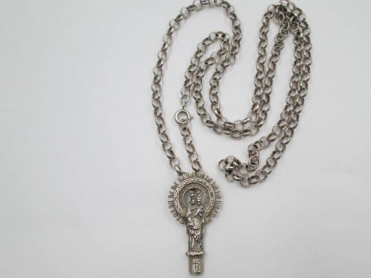 Our Lady of the Pillar sterling silver religious medal with open links chain. 1950's