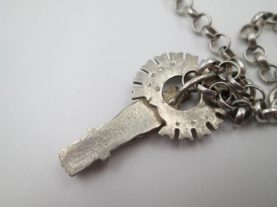 Our Lady of the Pillar sterling silver religious medal with open links chain. 1950's