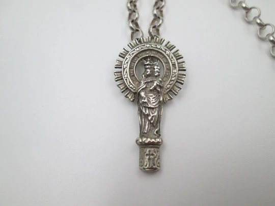 Our Lady of the Pillar sterling silver religious medal with open links chain. 1950's