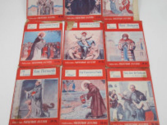 Our Saints Collection. Nine books. Soft covers. Black illustrations inside. 1944. Spain