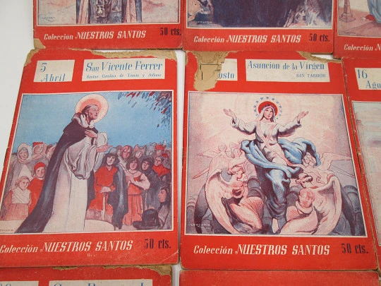 Our Saints Collection. Nine books. Soft covers. Black illustrations inside. 1944. Spain