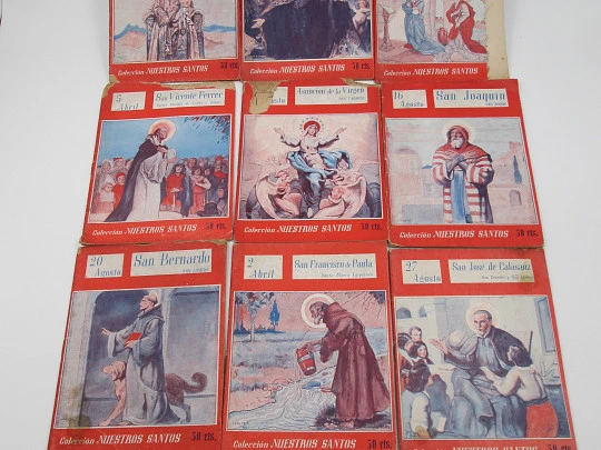 Our Saints Collection. Nine books. Soft covers. Black illustrations inside. 1944. Spain