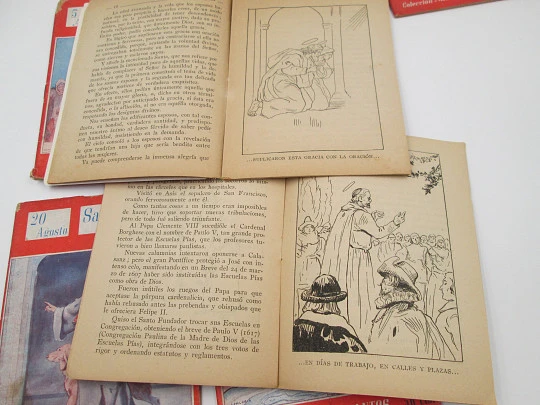 Our Saints Collection. Nine books. Soft covers. Black illustrations inside. 1944. Spain