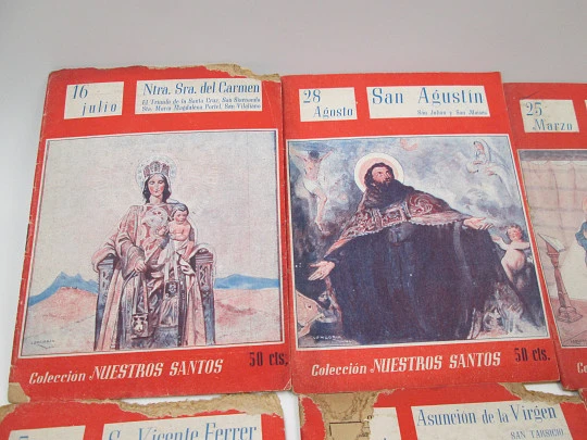 Our Saints Collection. Nine books. Soft covers. Black illustrations inside. 1944. Spain