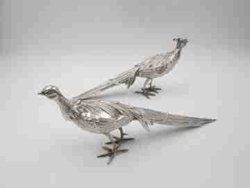 Pair of ornamental pheasants. 925 thousandths sterling silver. Spain. 1970's