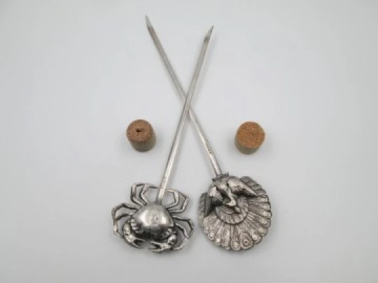 Pair silver metal skewers. France. 1950's. Crab and peacock shape