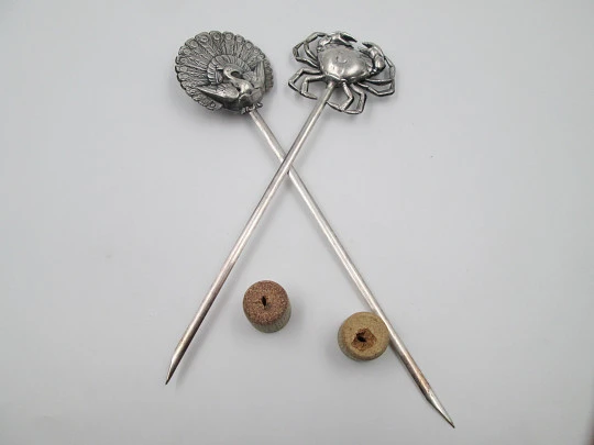 Pair silver metal skewers. France. 1950's. Crab and peacock shape