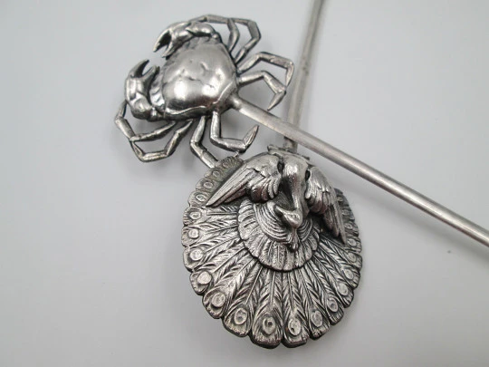 Pair silver metal skewers. France. 1950's. Crab and peacock shape