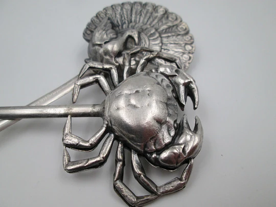 Pair silver metal skewers. France. 1950's. Crab and peacock shape