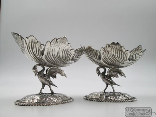 Pair sterling silver almond dishes. 1970's. Winged dragons