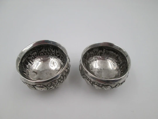 Pair sterling silver salt shakers. Indigenous village. Planting and harvesting. 1970's Pair sterling silver salt shakers. Indigenous village. Planting and harvesting. 1970's