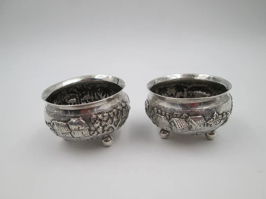 Pair sterling silver salt shakers. Indigenous village. Planting and harvesting. 1970's Pair sterling silver salt shakers. Indigenous village. Planting and harvesting. 1970's