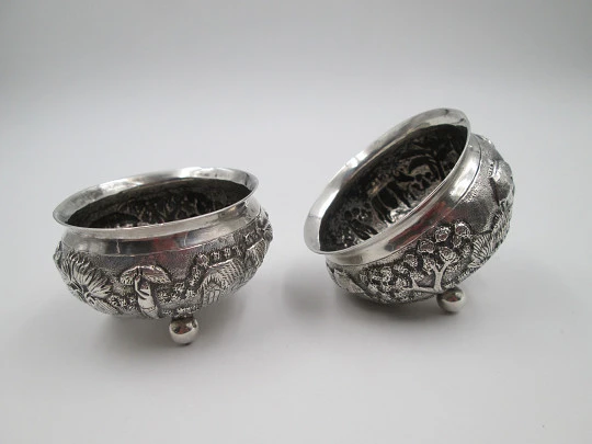 Pair sterling silver salt shakers. Indigenous village. Planting and harvesting. 1970's Pair sterling silver salt shakers. Indigenous village. Planting and harvesting. 1970's
