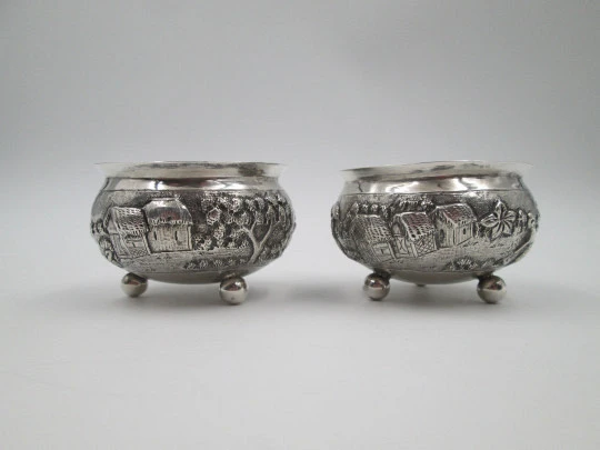 Pair sterling silver salt shakers. Indigenous village. Planting and harvesting. 1970's Pair sterling silver salt shakers. Indigenous village. Planting and harvesting. 1970's