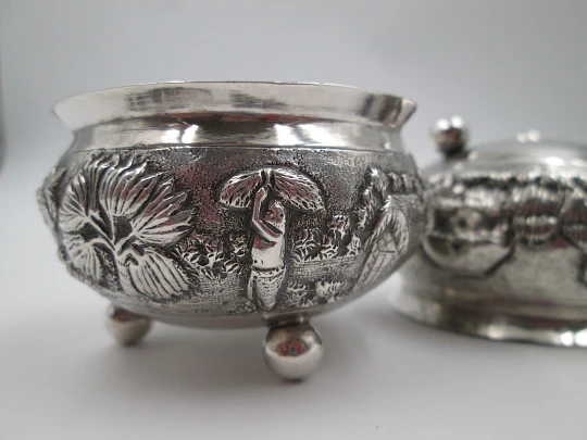 Pair sterling silver salt shakers. Indigenous village. Planting and harvesting. 1970's Pair sterling silver salt shakers. Indigenous village. Planting and harvesting. 1970's