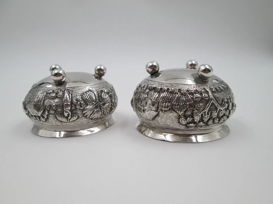 Pair sterling silver salt shakers. Indigenous village. Planting and harvesting. 1970's Pair sterling silver salt shakers. Indigenous village. Planting and harvesting. 1970's