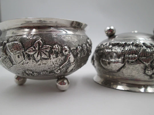 Pair sterling silver salt shakers. Indigenous village. Planting and harvesting. 1970's Pair sterling silver salt shakers. Indigenous village. Planting and harvesting. 1970's