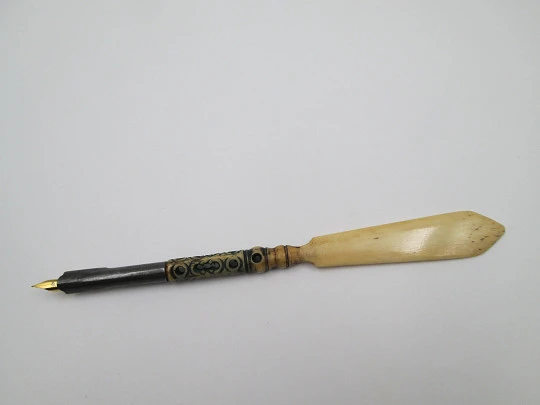 Palillero / Portaplumas. Marfil y metal estañado. Adornos geométricos. 1900