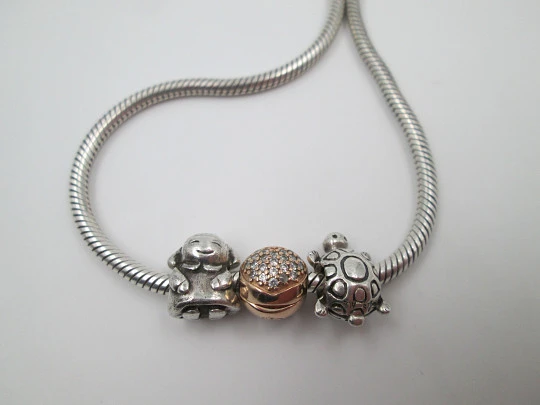 Pandora 925 sterling silver necklace. Ball clasp. Three charms