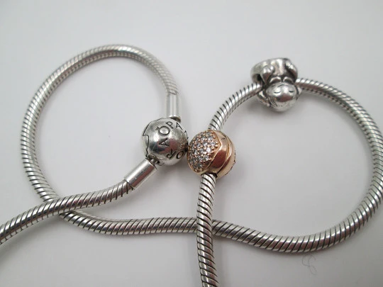 Pandora 925 sterling silver necklace. Ball clasp. Three charms