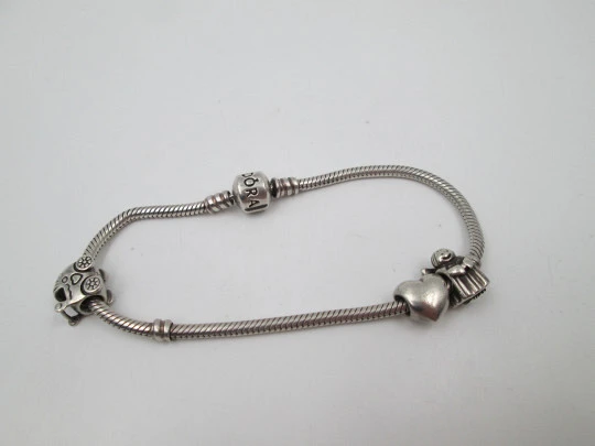 Pandora women's cord bracelet. 925 sterling silver. Hidden clasp. Heart and cherub