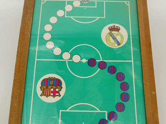 Parchigol board game. Barcelona Madrid football match. Wood, glass and cardboard