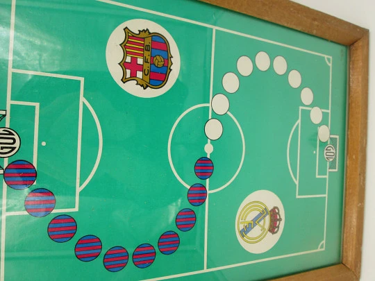 Parchigol board game. Barcelona Madrid football match. Wood, glass and cardboard