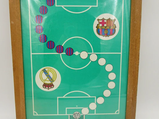 Parchigol board game. Barcelona Madrid football match. Wood, glass and cardboard