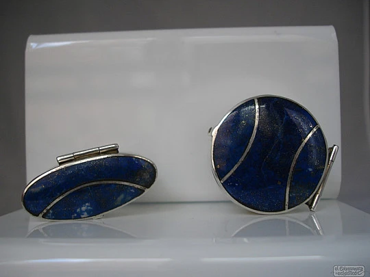 Pareja de pastilleros. Plata de ley y esmalte azul. Años 70