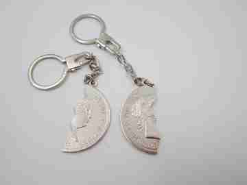 Pareja llaveros moneda dividida 20 reales Isabel II Plata 900 milésimas