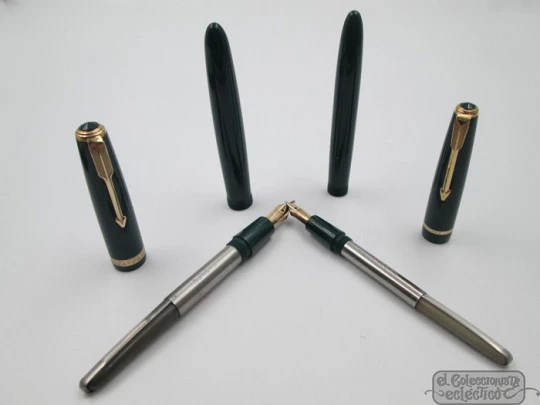 Parker Duofold & Slimfold fountain pen set. 1950's. Green plastic. Aerometric