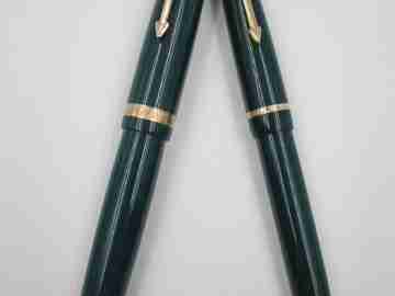 Parker Duofold & Slimfold fountain pen set. 1950's. Green plastic. Aerometric