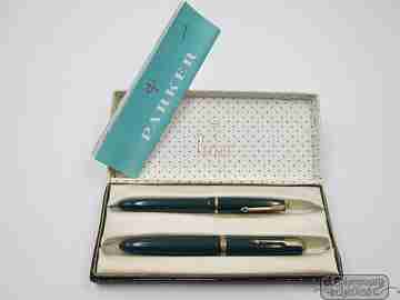 Parker Duofold & Slimfold fountain pen set. 1950's. Green plastic. Aerometric