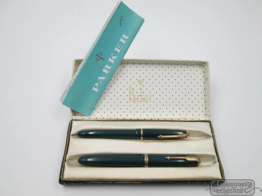 Parker Duofold & Slimfold fountain pen set. 1950's. Green plastic. Aerometric