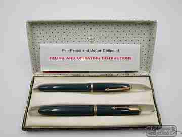 Parker Duofold & Slimfold fountain pen set. 1950's. Green plastic. Aerometric