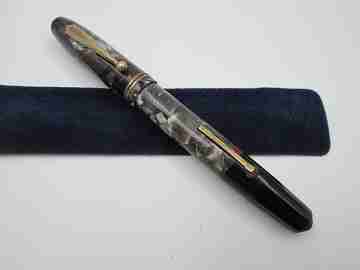 Parkette. Marble celluloid. Grey, black & red. 1930's. 14k gold nib. Lever