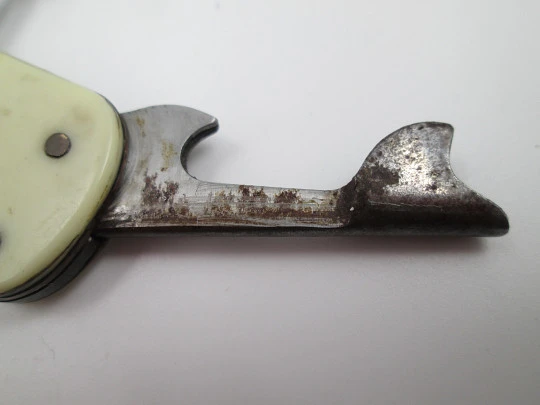 Paya Hermanos pocket knife. Steel and cream celluloid. Bottle opener & corkscrew. 1940's