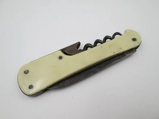 Paya Hermanos pocket knife. Steel and cream celluloid. Bottle opener & corkscrew. 1940's