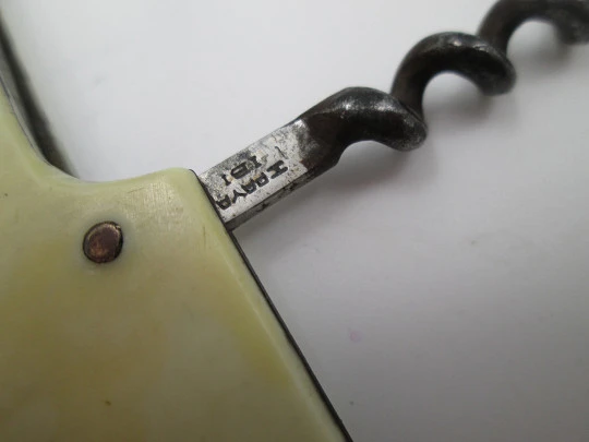Paya Hermanos pocket knife. Steel and cream celluloid. Bottle opener & corkscrew. 1940's