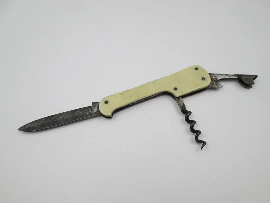 Paya Hermanos pocket knife. Steel and cream celluloid. Bottle opener & corkscrew. 1940's