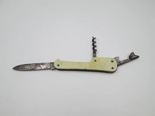 Paya Hermanos pocket knife. Steel and cream celluloid. Bottle opener & corkscrew. 1940's