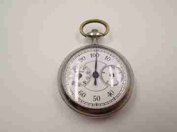 Pedo pocket pedometer. Silver metal. 1920's. White porcelain dial. Germany