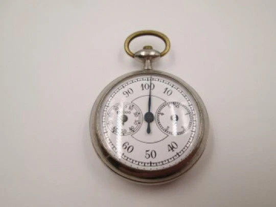 Pedo pocket pedometer. Silver metal. 1920's. White porcelain dial. Germany