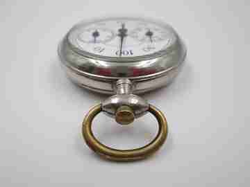 Pedo pocket pedometer. Silver metal. 1920's. White porcelain dial. Germany