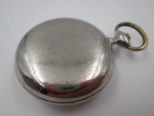 Pedo pocket pedometer. Silver metal. 1920's. White porcelain dial. Germany