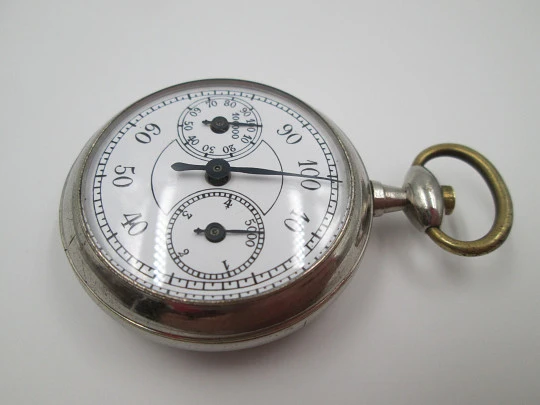 Pedo pocket pedometer. Silver metal. 1920's. White porcelain dial. Germany