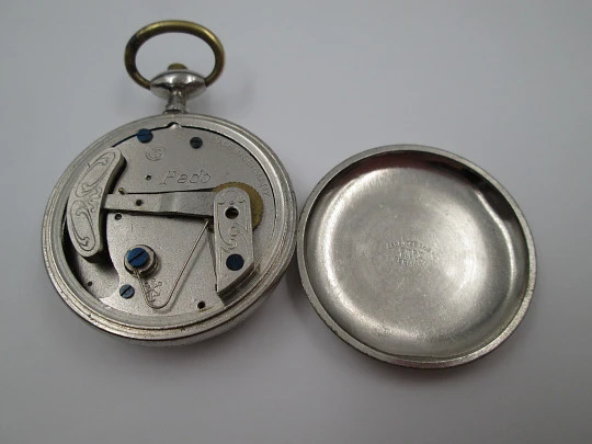 Pedo pocket pedometer. Silver metal. 1920's. White porcelain dial. Germany